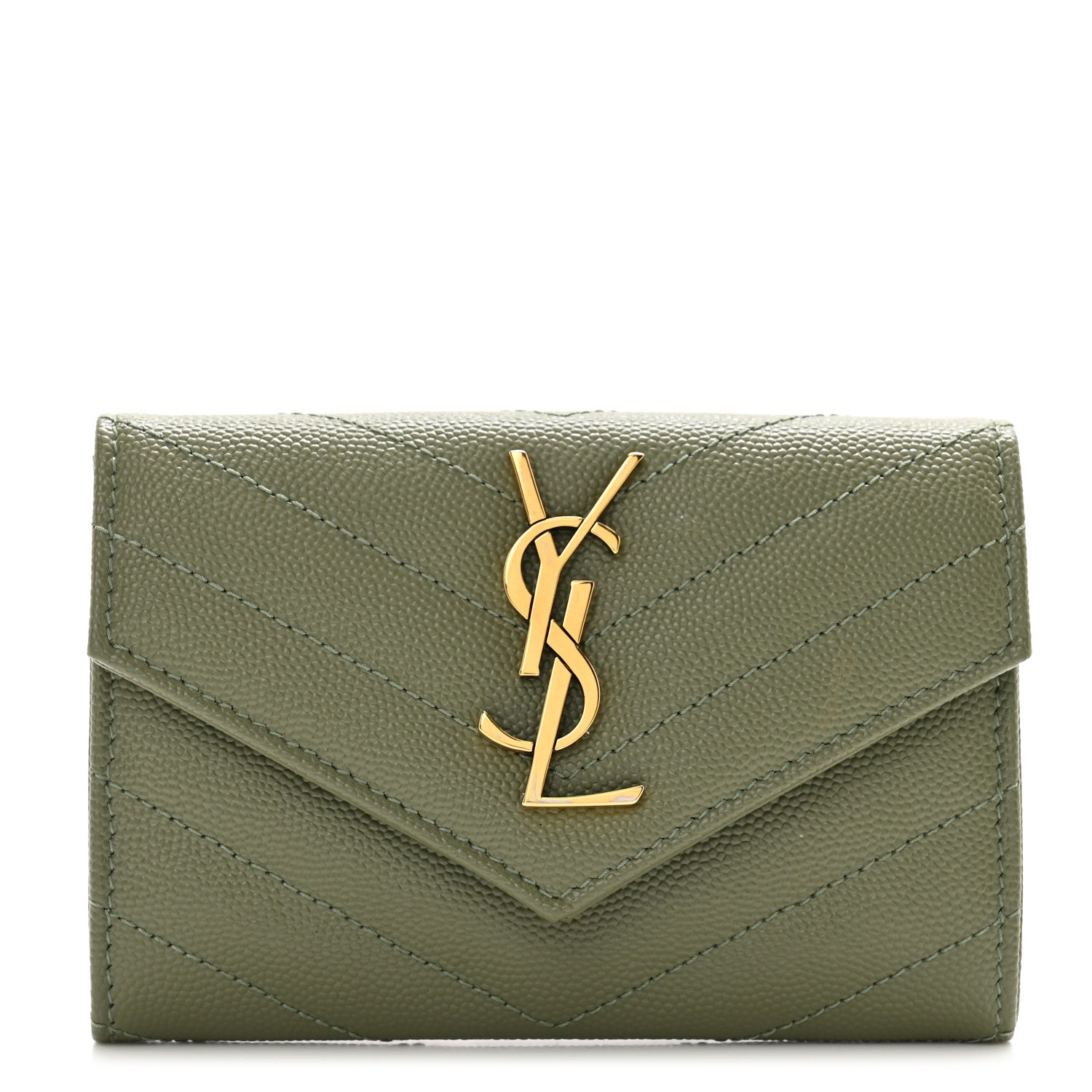 Saint Laurent Grain De Poudre Matelasse Chevron Small Monogram Envelope Wallet Light Sage 1 of 9