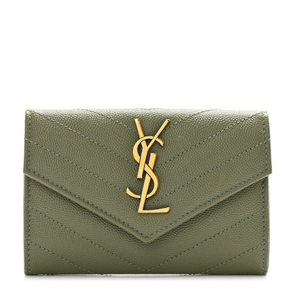 Saint Laurent Grain De Poudre Matelasse Chevron Small Monogram Envelope Wallet Light Sage 1 of 9