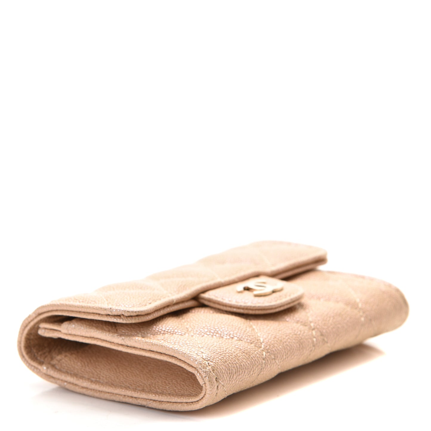 Iridescent Caviar Quilted Flap Card Holder Beige
