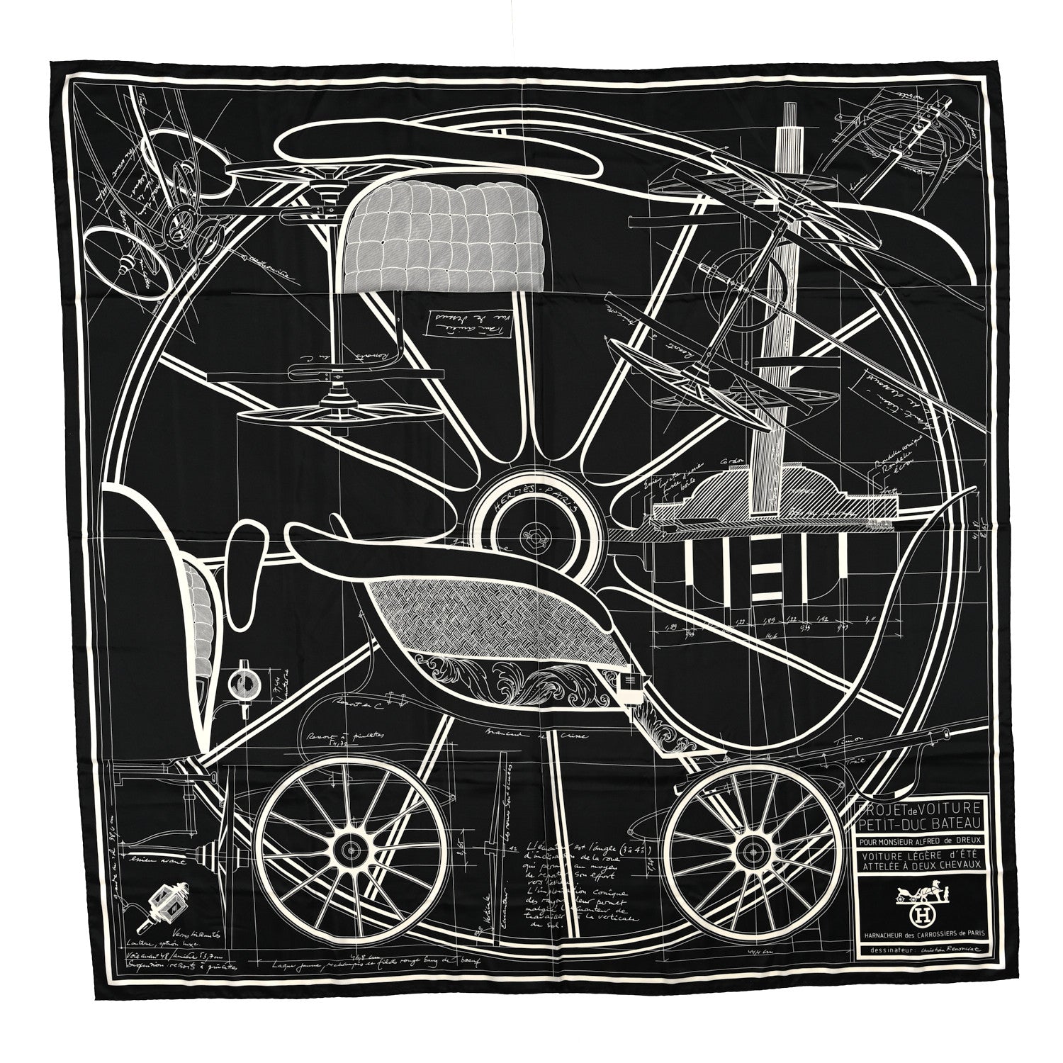 Hermes Silk Projet De Voiture Scarf 140 Black White 1 of 3