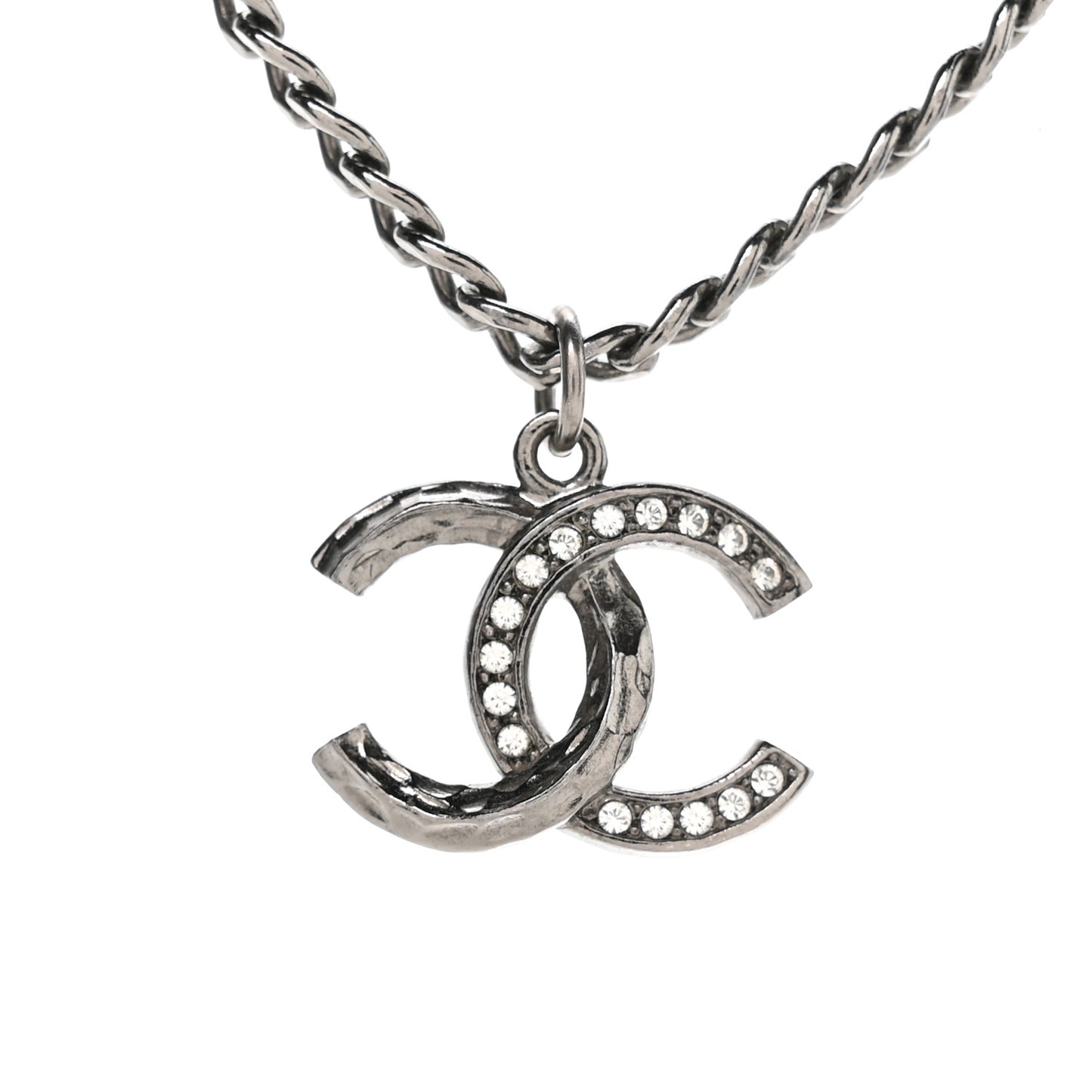 Crystal Textured CC Pendant Necklace Ruthenium