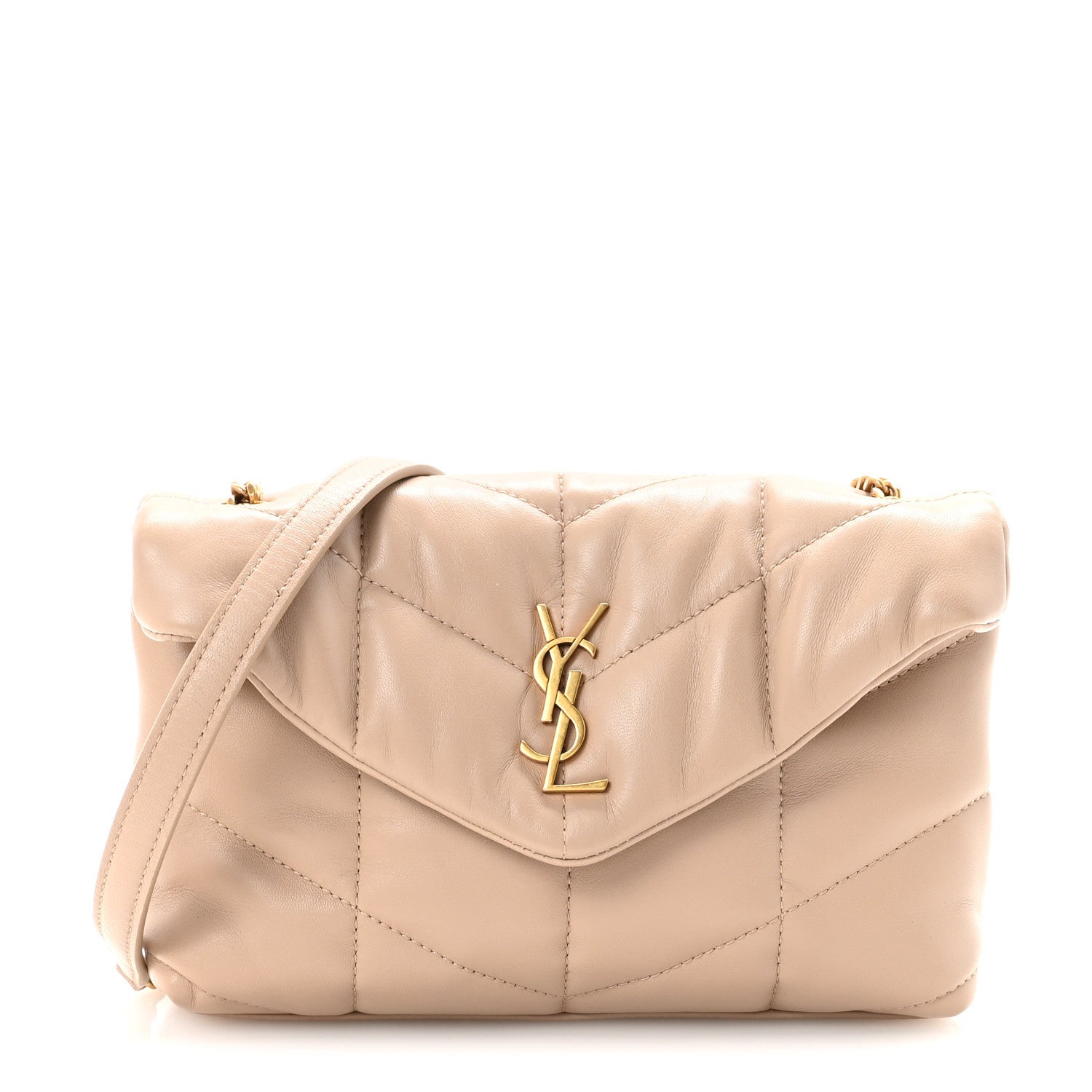 Saint Laurent Lambskin Quilted Toy Loulou Puffer Monogram Chain Satchel Dark Beige 1 of 9