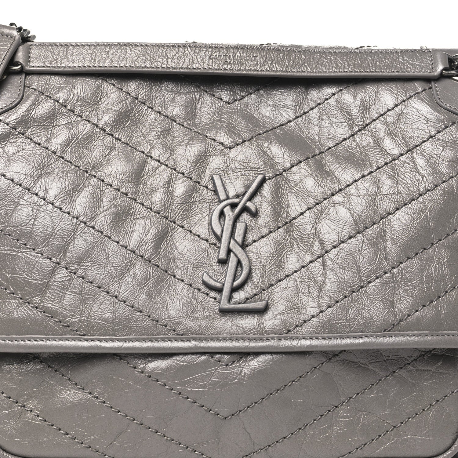 Saint Laurent Crinkled Calfskin Matelasse Monogram Large Niki Chain Satchel Fog 8 of 15