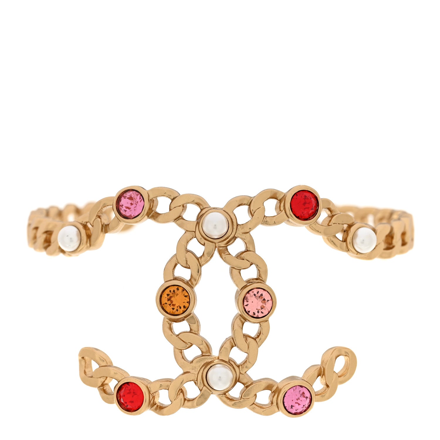 Chanel Metal Pearl Crystal Chain CC Cuff Bracelet Gold 1 of 4