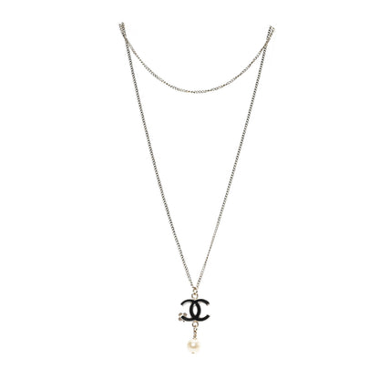 Chanel Resin CC Camellia Flower Pearl Necklace Gold Black 3 of 4