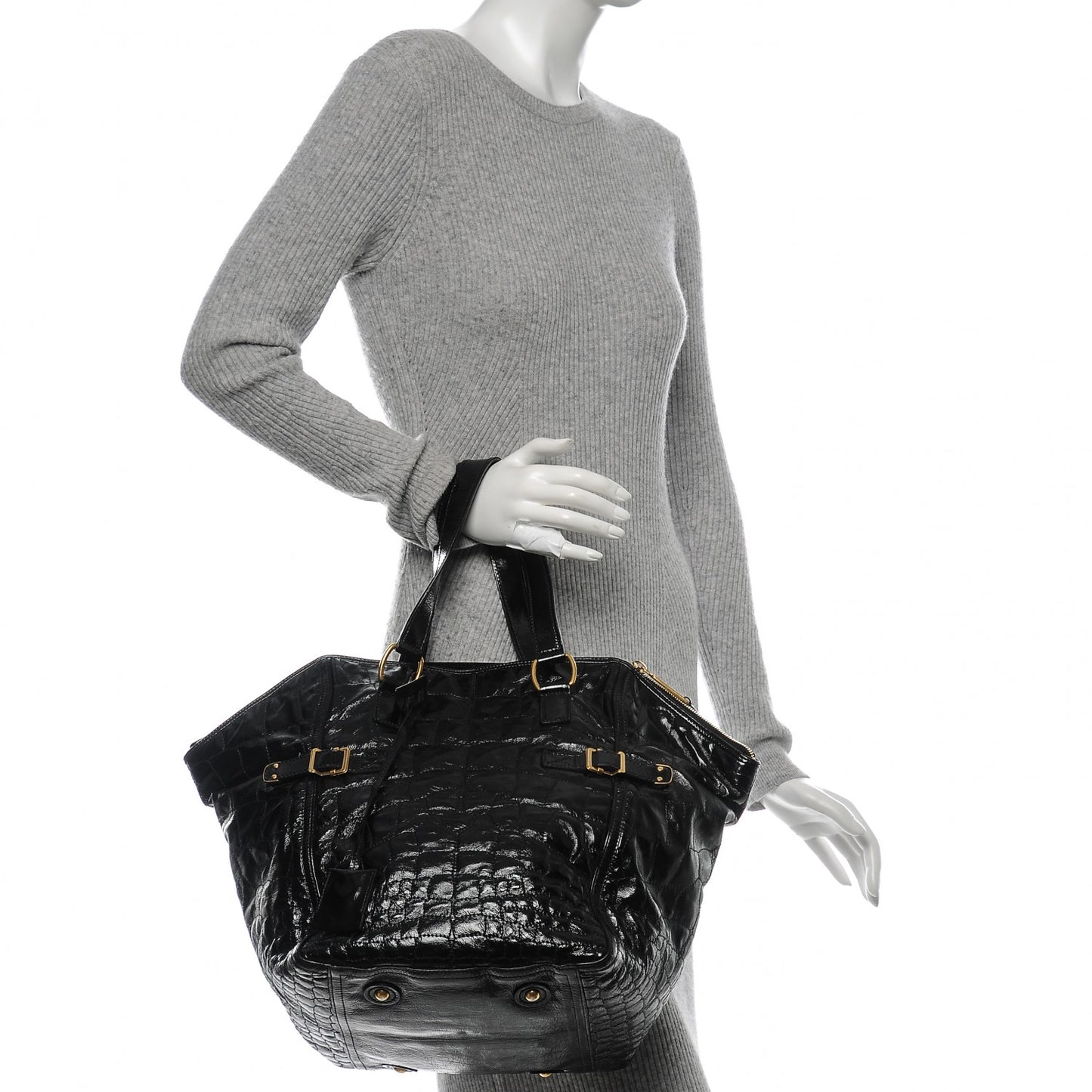 Patent Crocodile Embossed Medium Downtown Tote Black