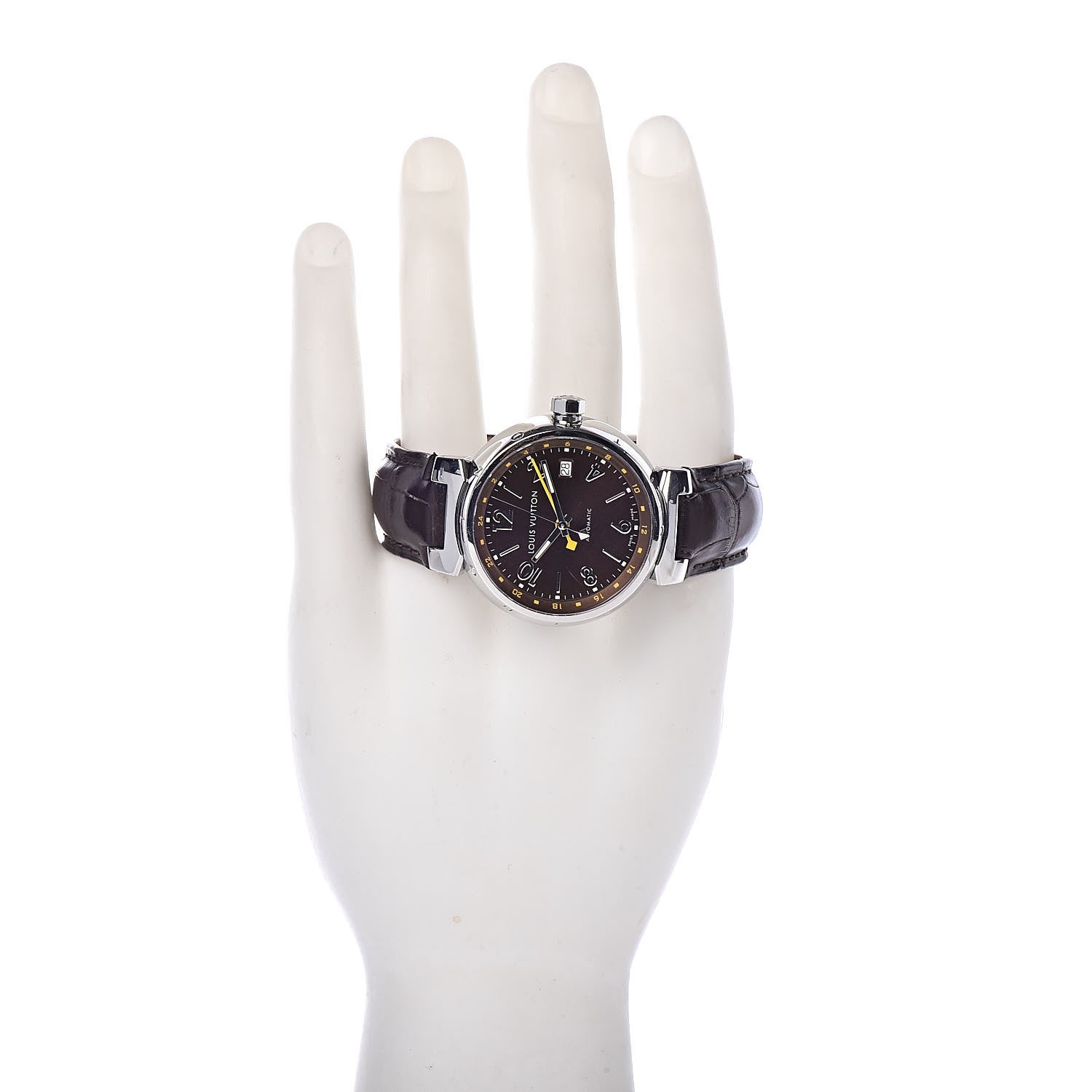 Louis Vuitton Stainless Steel Alligator 39mm Tambour GMT Automatic Watch Brown 2 of 9