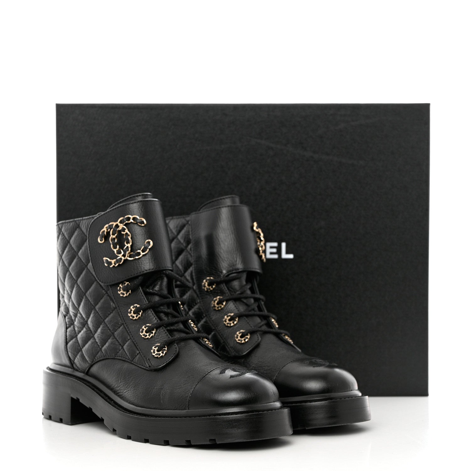 Chanel Shiny Goatskin Calfskin Quilted Lace Up Combat Boots 39 Black 10 of 10