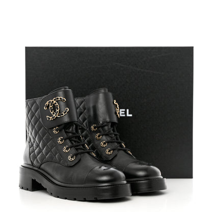 Chanel Shiny Goatskin Calfskin Quilted Lace Up Combat Boots 39 Black 10 of 10