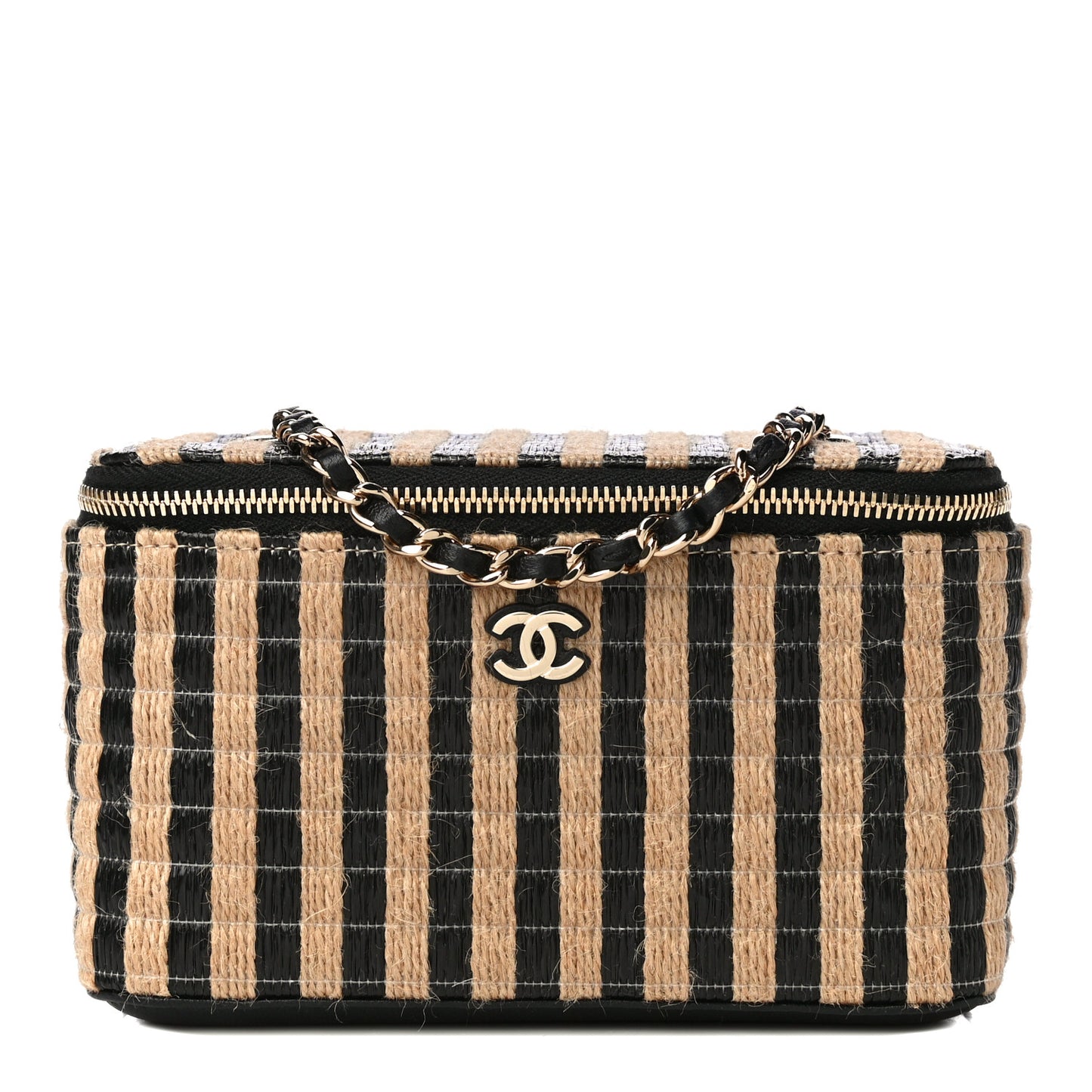 Raffia Jute Striped Small Vanity Case With Chain Black Beige