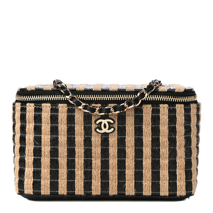 Chanel Raffia Jute Striped Small Vanity Case With Chain Black Beige 1 of 14