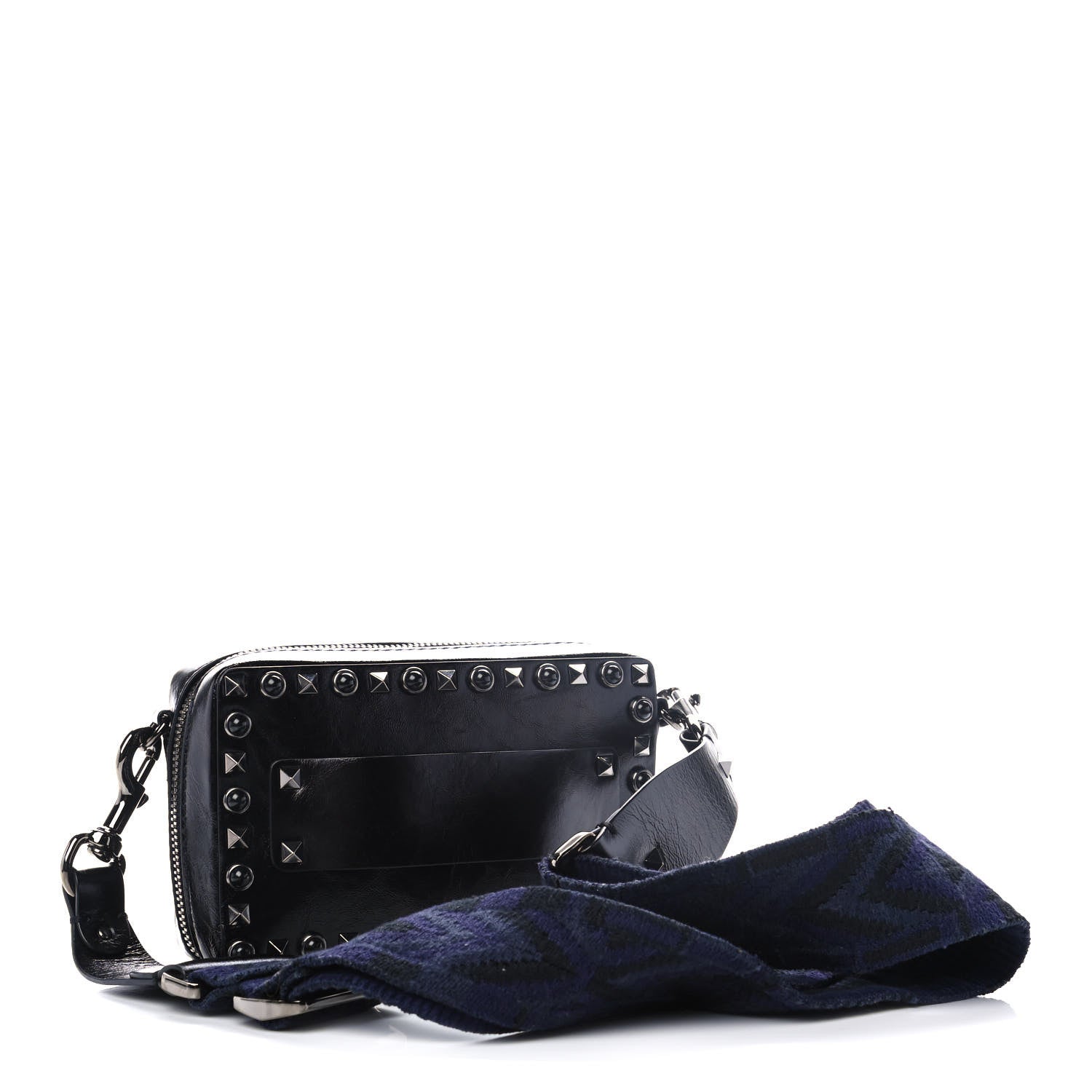 Valentino Garavani Craquele Calfskin Guitar Strap Rockstud Rolling Camera Bag Black 3 of 13
