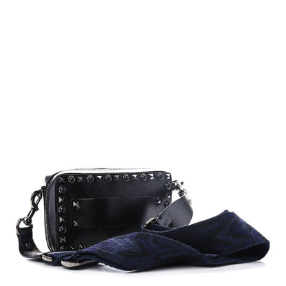 Valentino Garavani Craquele Calfskin Guitar Strap Rockstud Rolling Camera Bag Black 3 of 13