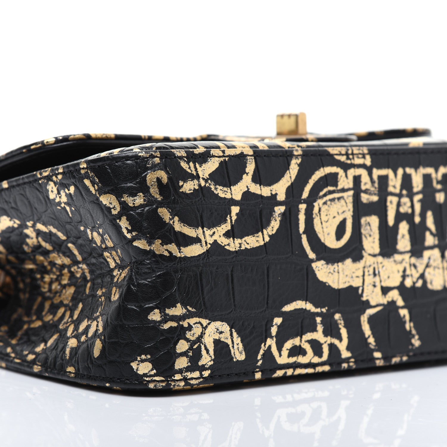 Chanel Calfskin Crocodile Embossed Graffiti 2.55 Mini Cocodile Reissue Flap Black Gold 6 of 21