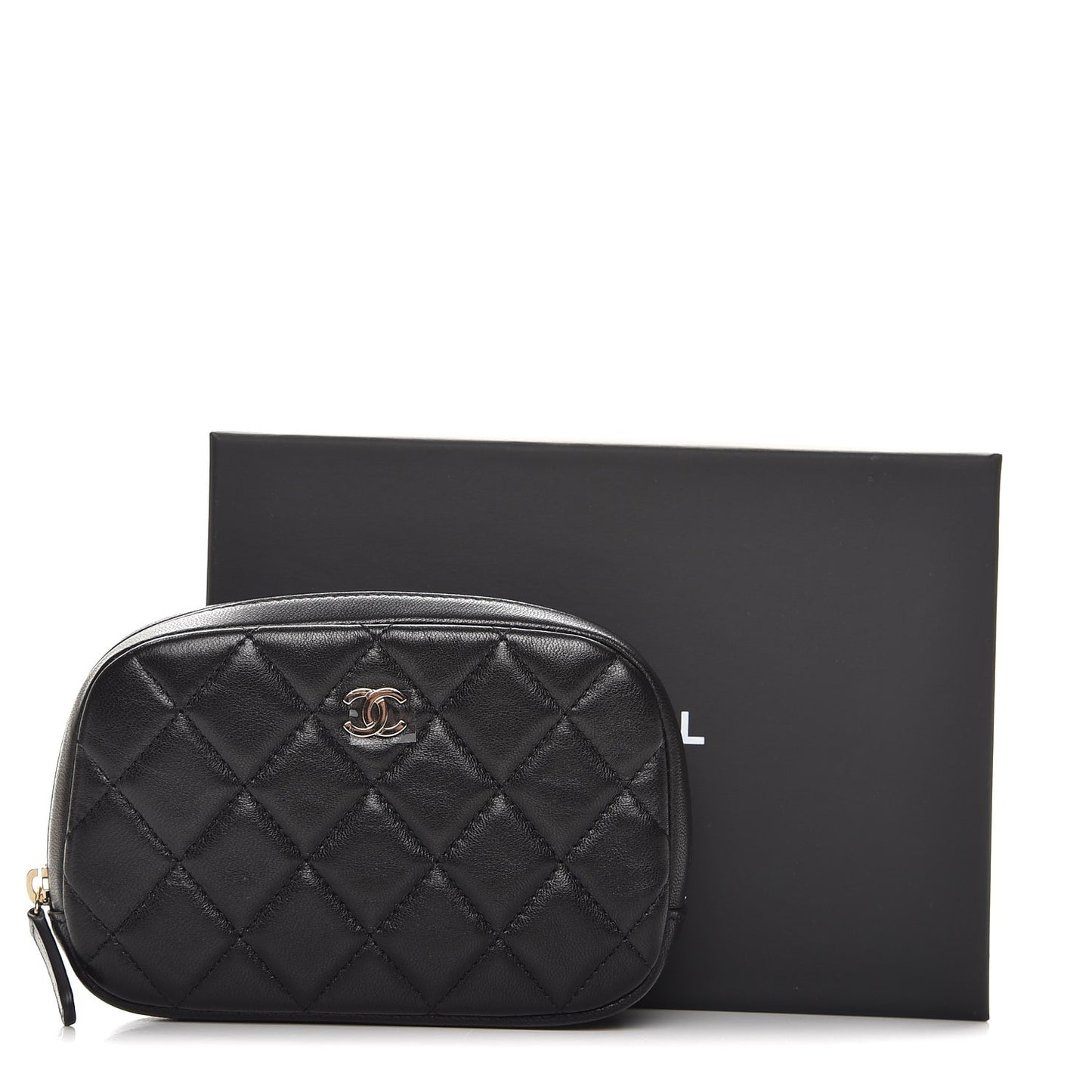 Lambskin Quilted Small Curvy Pouch Cosmetic Case Black