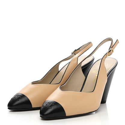 Chanel Lambskin Cap Toe CC Slingback Pumps 39.5 Beige Black 3 of 10