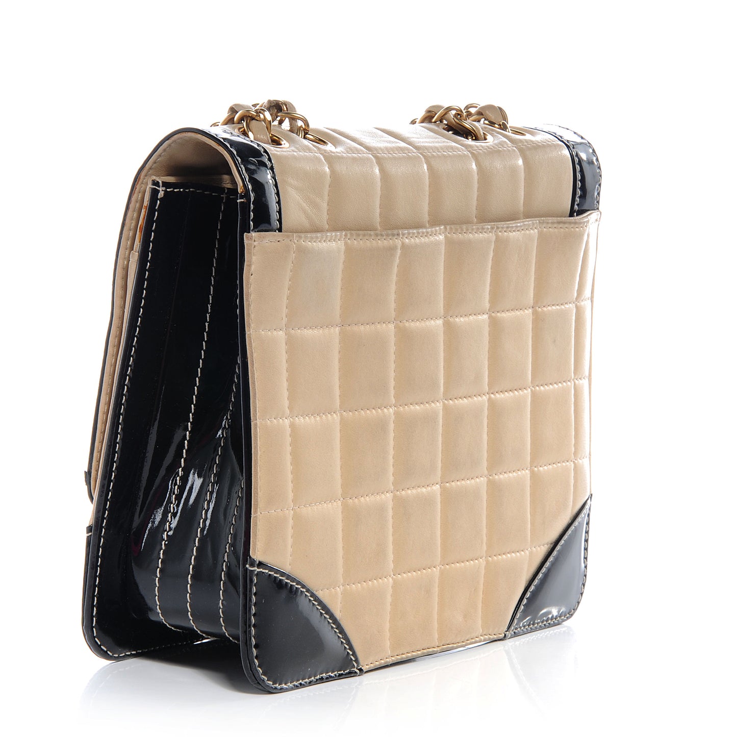 Lambskin and Patent Chocolate Bar Flap Beige
