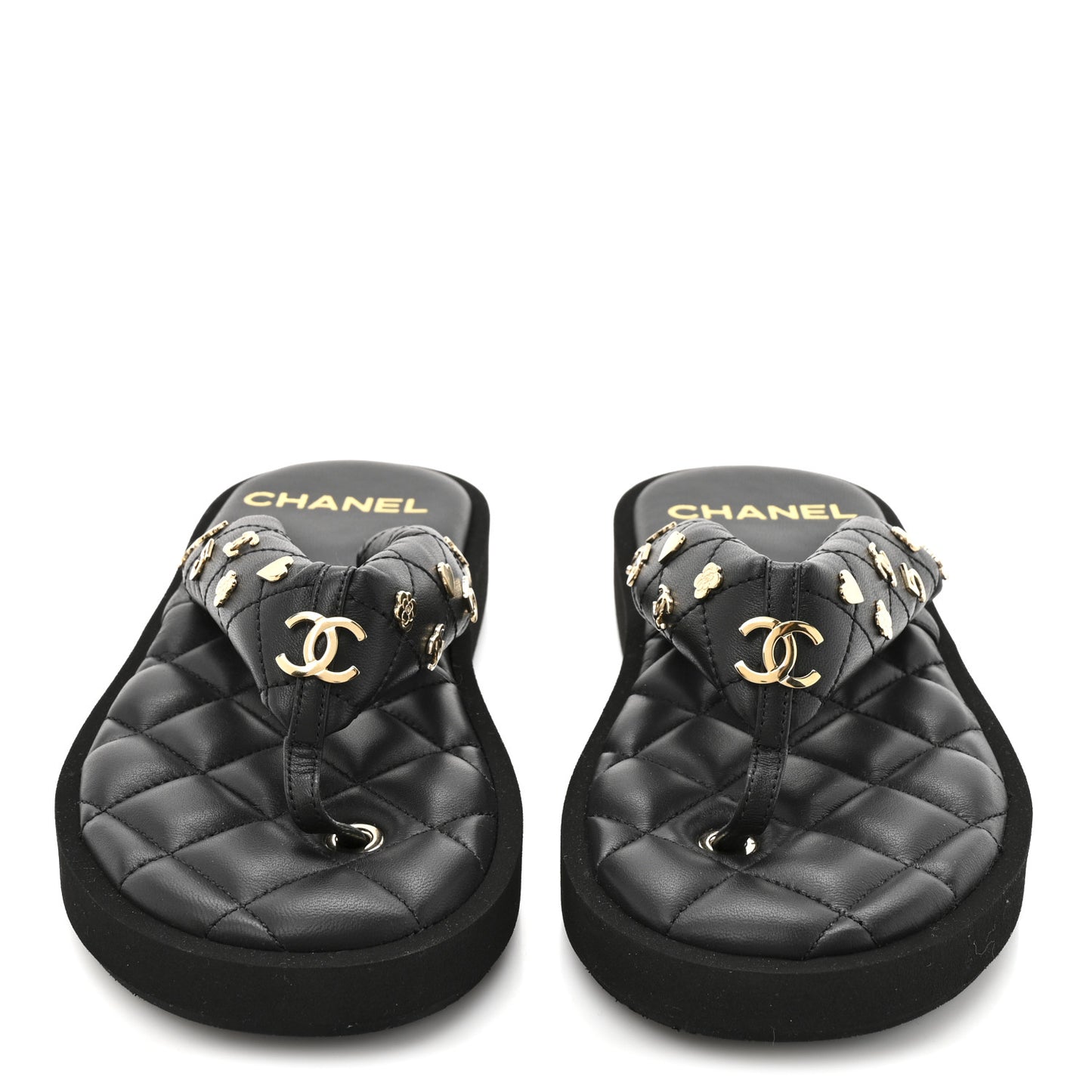 Lambskin Quilted Padded Charms Thong Sandals 36 Black