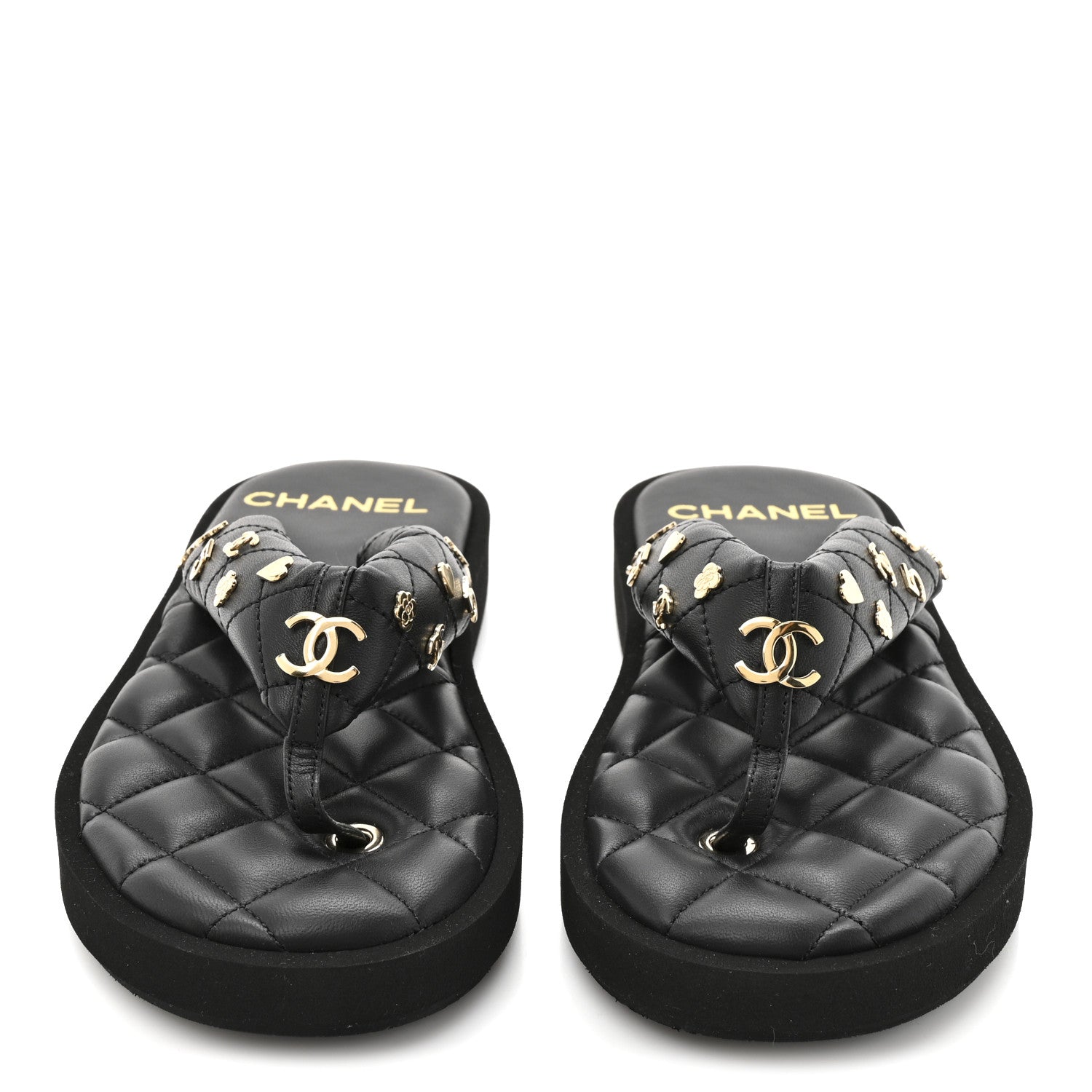 Chanel Lambskin Quilted Padded Charms Thong Sandals 36 Black 3 of 8