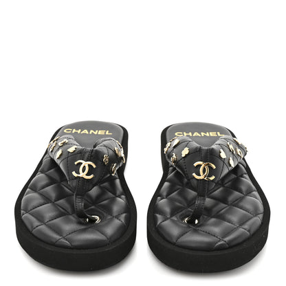 Chanel Lambskin Quilted Padded Charms Thong Sandals 36 Black 3 of 8