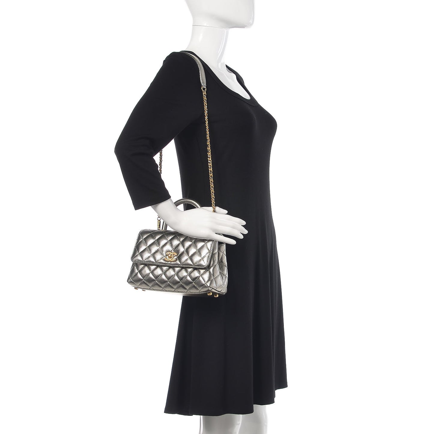 Metallic Caviar Quilted Mini Coco Handle Flap Silver