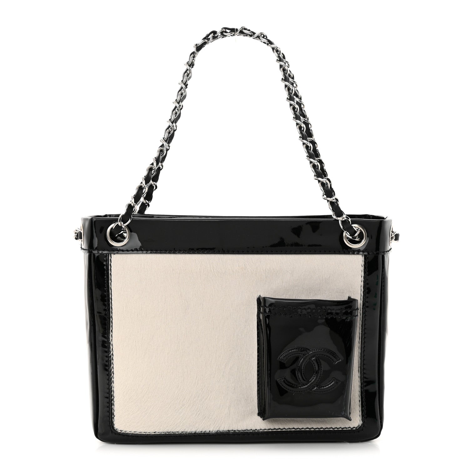 Chanel Patent Pony Hair Small Pocket Tote Black White 1 of 11