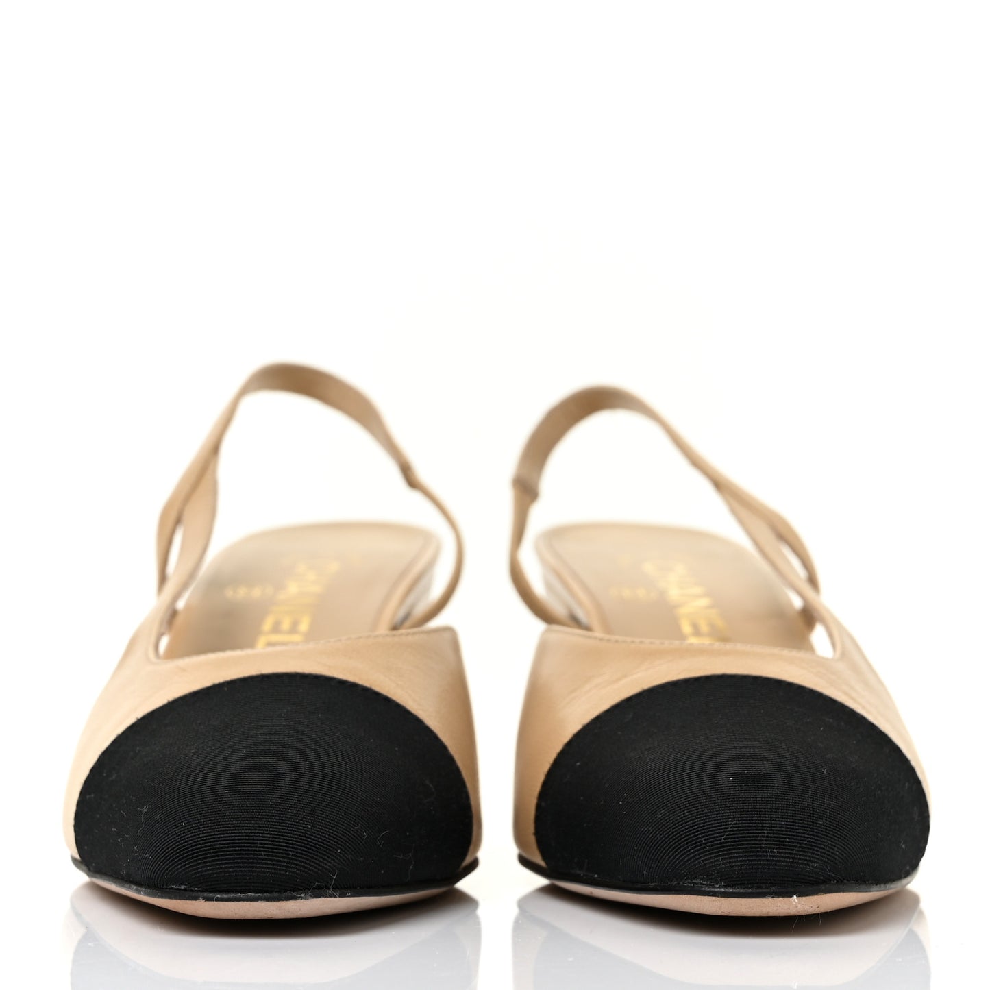 Goatskin Grosgrain Cap Toe CC Slingback Sandals 38.5 Beige Black