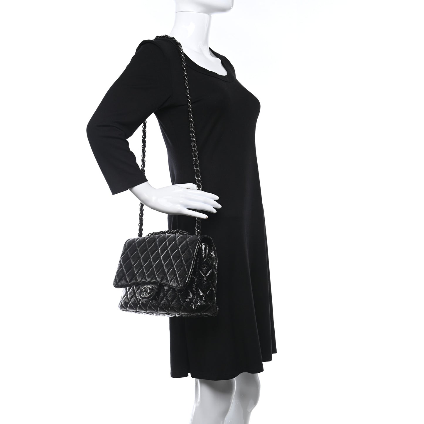 Crinkled Patent Quilted Jumbo Single Flap Black