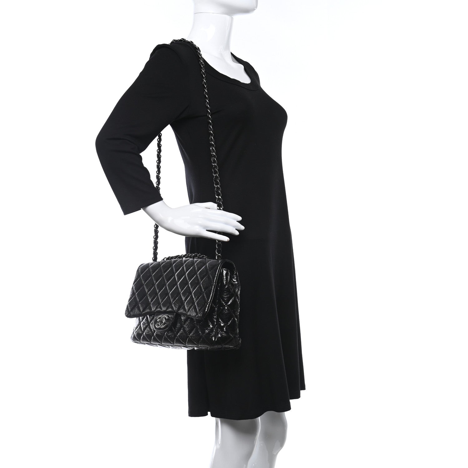 Chanel Crinkled Patent Quilted Jumbo Single Flap Black 2 of 15