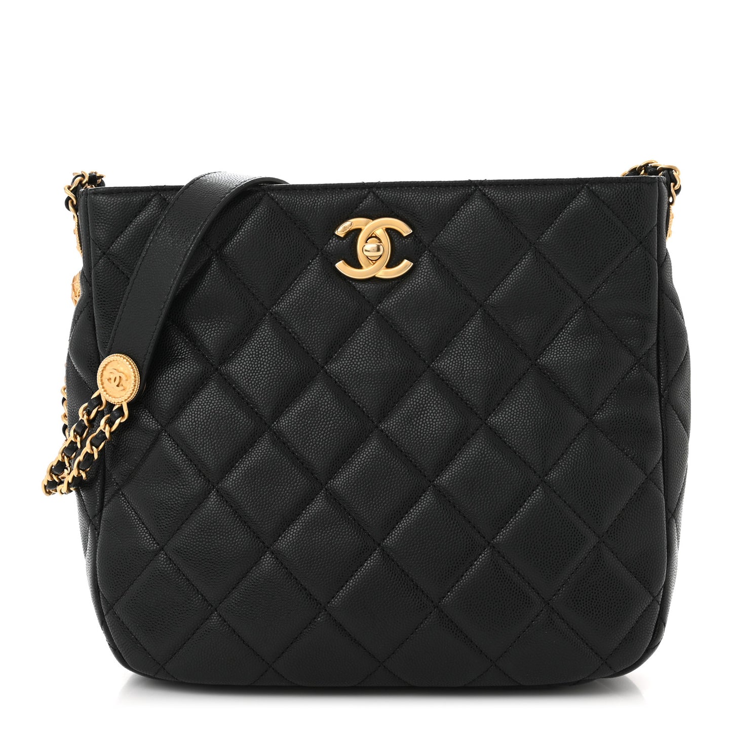 Caviar Quilted Twist Your Buttons Hobo Black