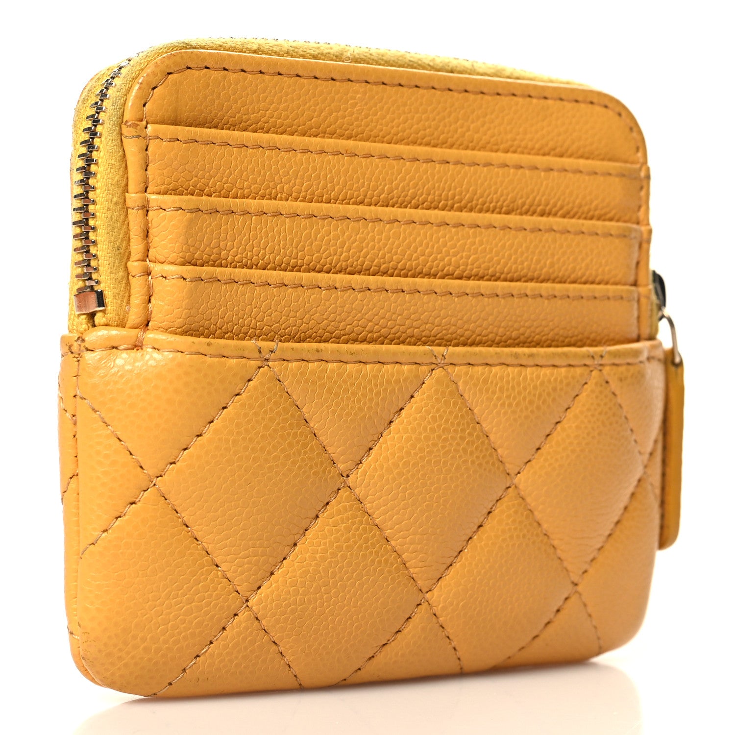 Chanel Caviar Quilted Zip Card Holder Wallet Yellow 3 of 9