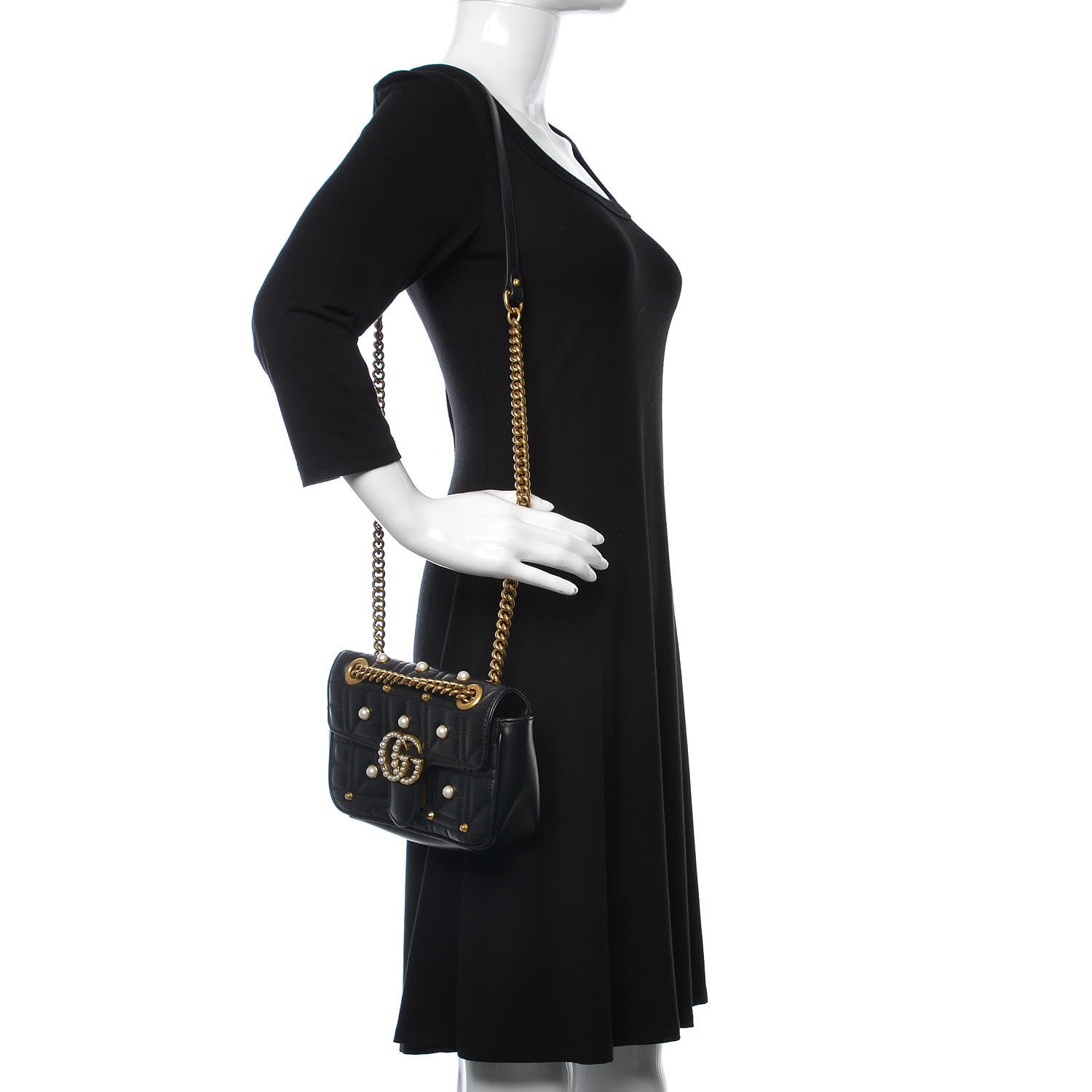 Gucci Calfskin Matelasse Studded Mini Pearly GG Marmont Shoulder Bag Black 3 of 7
