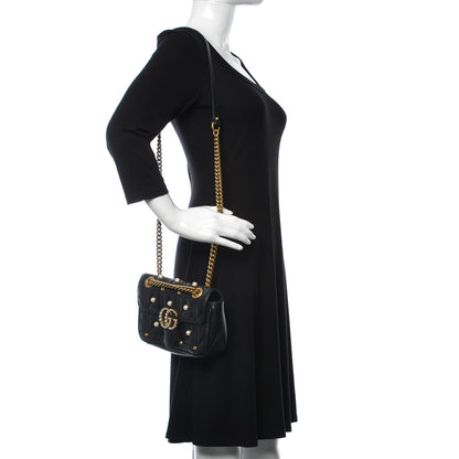 Gucci Calfskin Matelasse Studded Mini Pearly GG Marmont Shoulder Bag Black 3 of 7