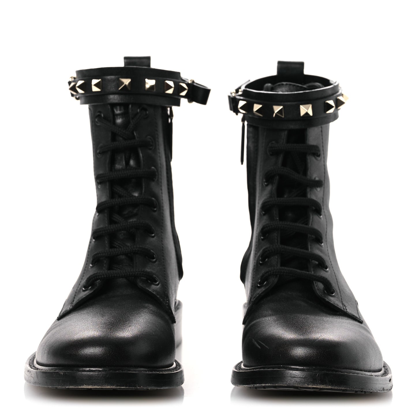 Calfskin Rockstud Combat Ankle Boots 37 Black