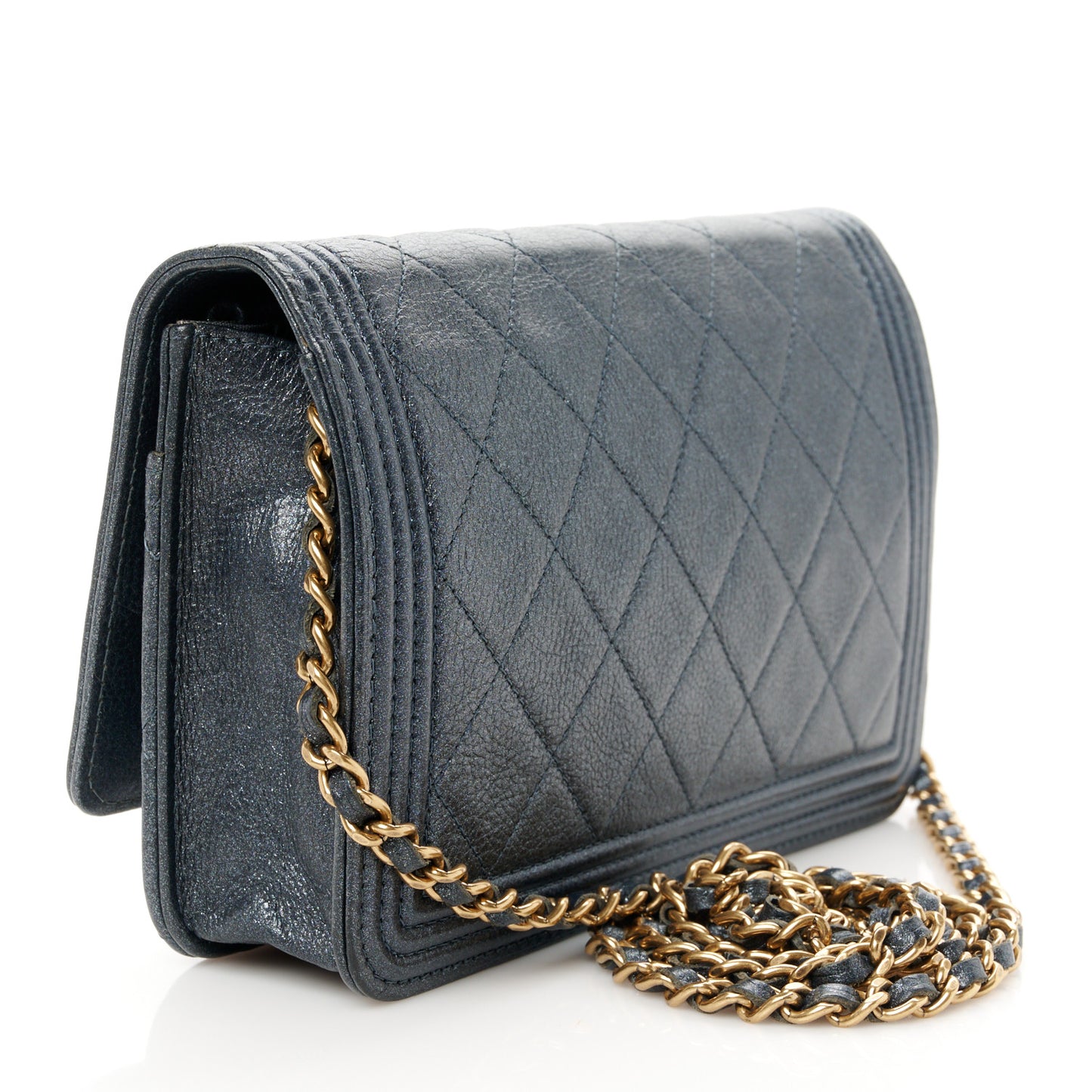 Metallic Calfskin Quilted Boy Wallet On Chain WOC Navy Blue