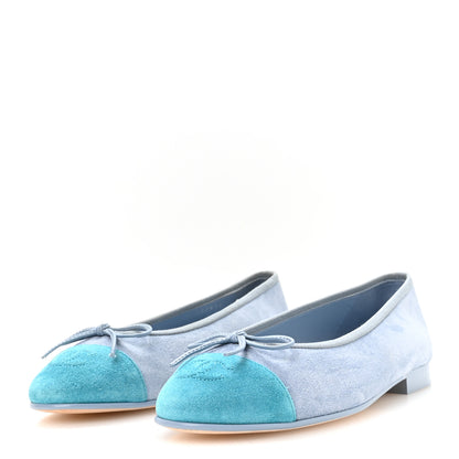 Chanel Suede Calfskin Cap Toe CC Ballerina Flats 37 Light Blue Turquoise 4 of 9