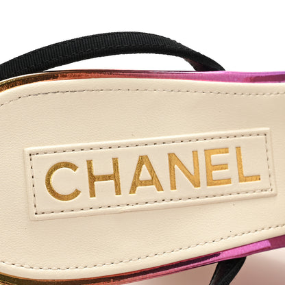 Chanel Laminated Calfskin Grosgrain Cap Toe CC Wedge Pumps 38 Pink Orange Yellow Black 8 of 11