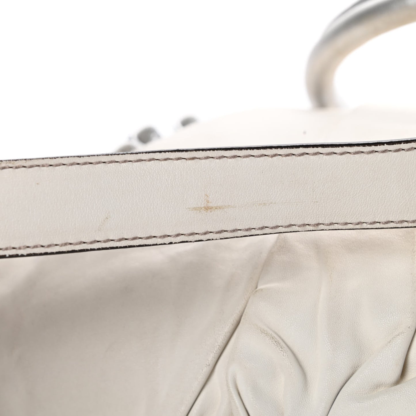 Distressed Calfskin Ruffled Miss Rouche Satchel White Silver