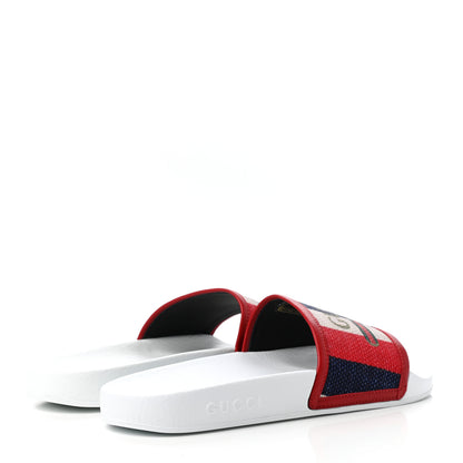 Gucci Canvas Sylvie Stripe Logo Pursuit Slide Sandals 39 Mystic White Hibiscus Red Maritime 4 of 10