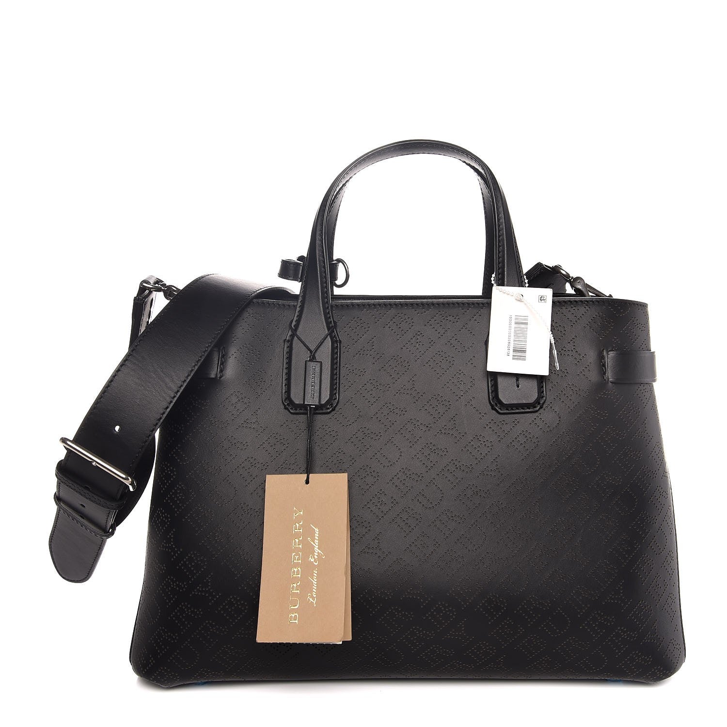 Burberry Calfskin Perforated Medium Banner Tote Black 1 of 8