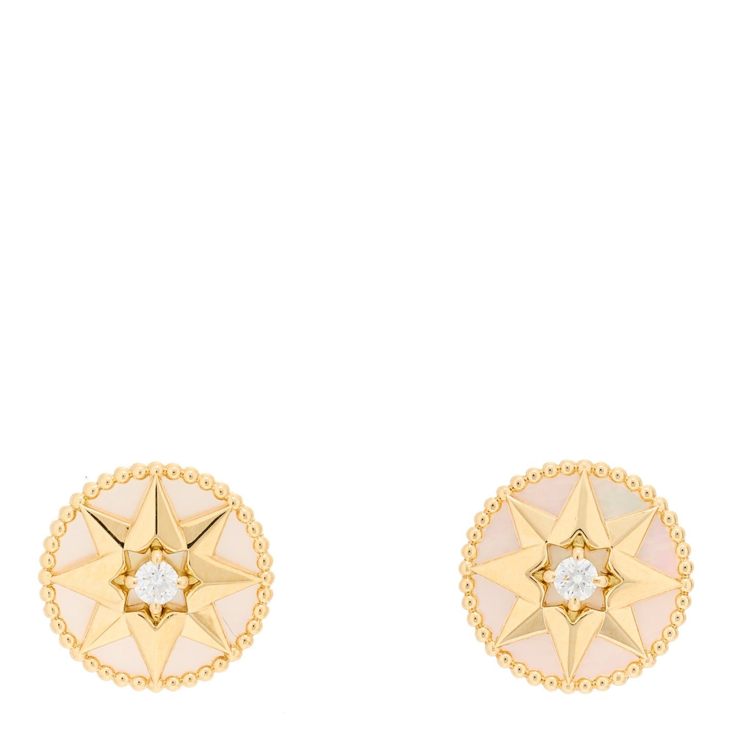 18K Yellow Gold Diamond Mother Of Pearl Large Rose Des Vents Earrings