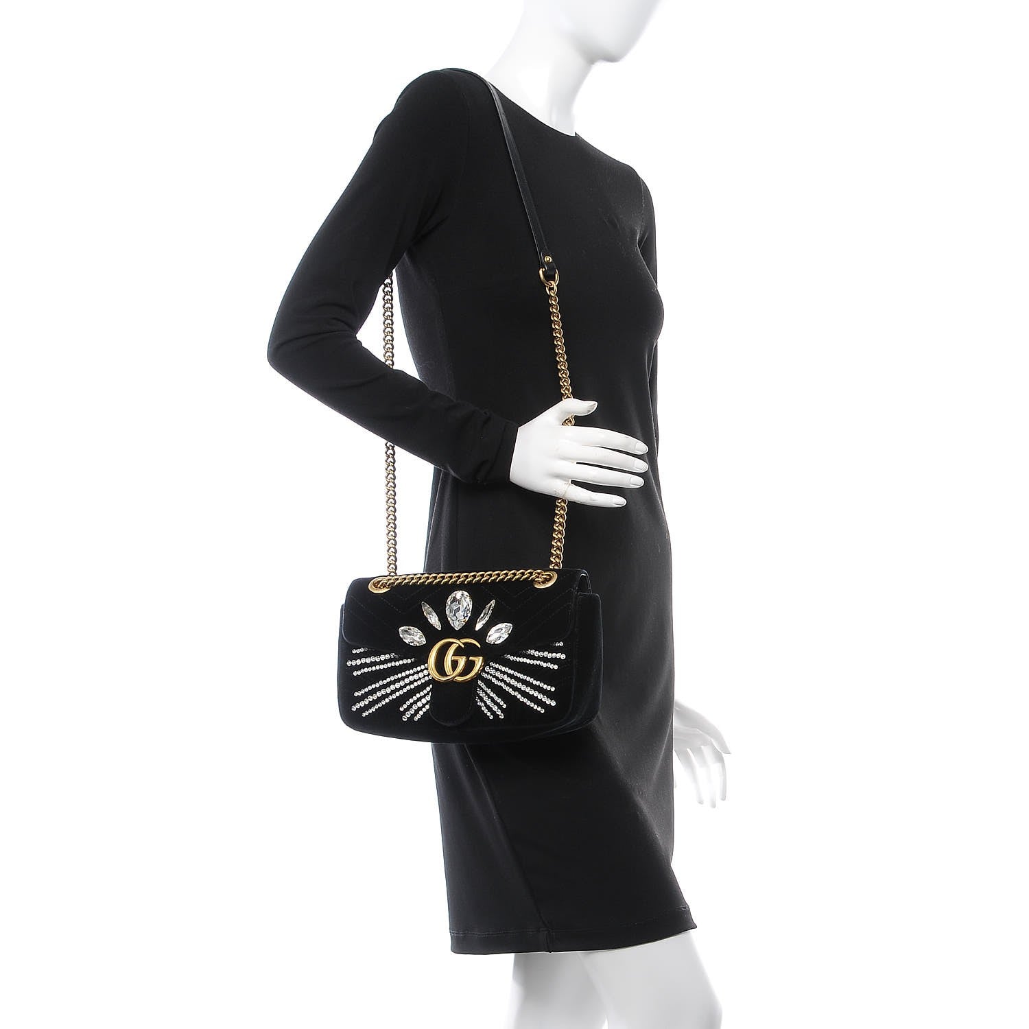 Gucci Velvet Matelasse Marquise Crystals Embroidered Small GG Marmont Shoulder Bag Black 2 of 9