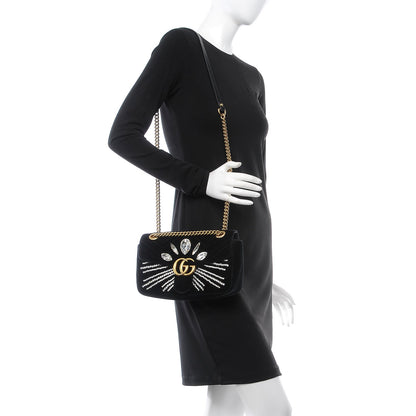 Gucci Velvet Matelasse Marquise Crystals Embroidered Small GG Marmont Shoulder Bag Black 2 of 9
