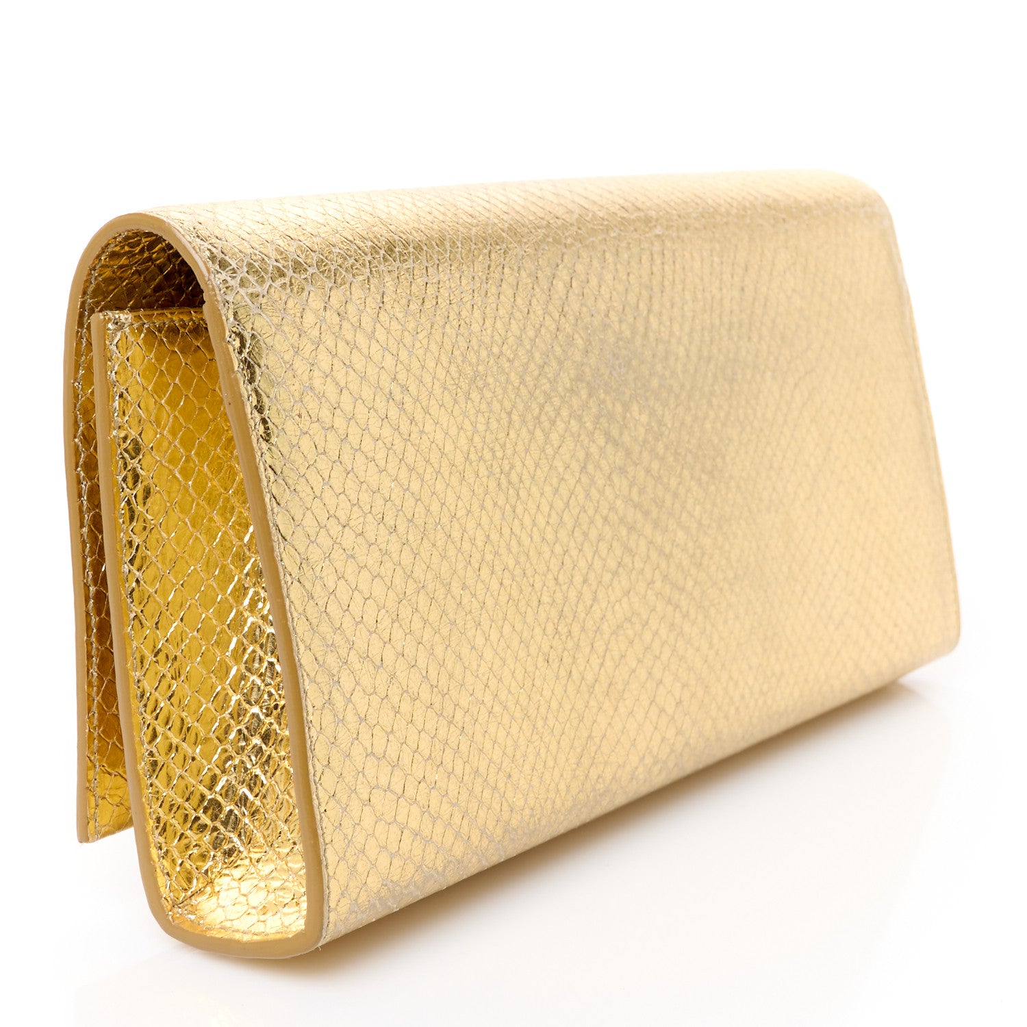 Saint Laurent Metallic Calfskin Snakeskin Embossed Classic Monogram Tassel Clutch Gold 3 of 8