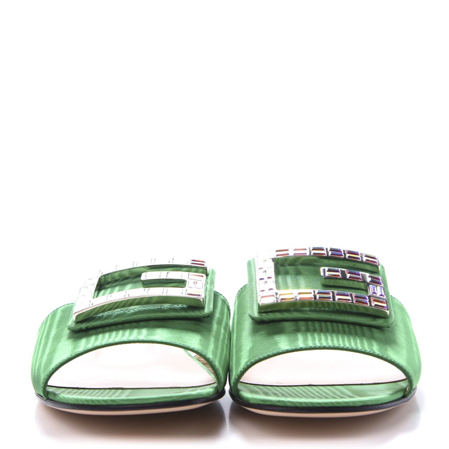 Gucci Moire Fabric Crystal Square G Madelyn Slide Sandals 37.5 New Shamarock 2 of 9
