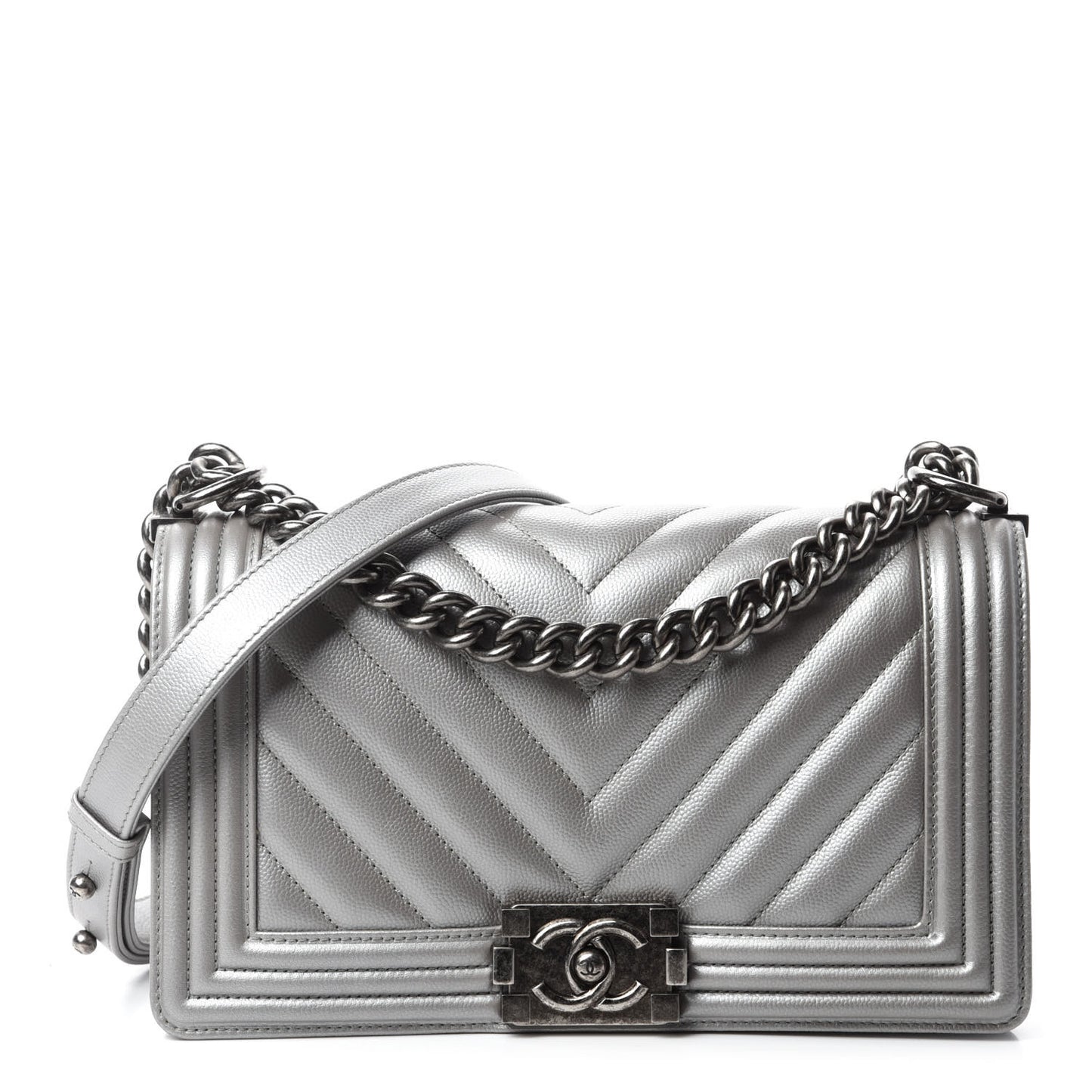 Metallic Caviar Chevron Quilted Medium Boy Flap Silver