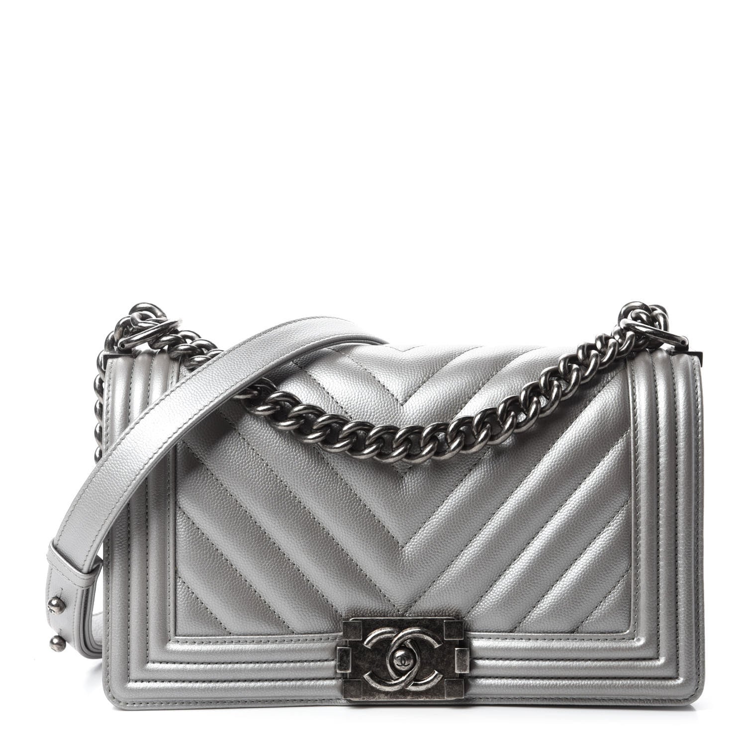 Chanel Metallic Caviar Chevron Quilted Medium Boy Flap Silver 1 of 11