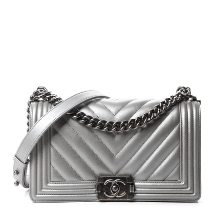 Chanel Metallic Caviar Chevron Quilted Medium Boy Flap Silver 1 of 11