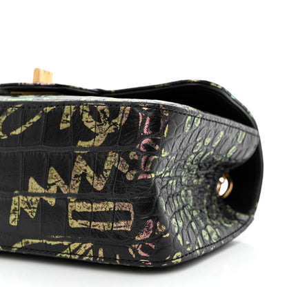 Chanel Calfskin Crocodile Embossed Graffiti 2.55 Mini Cocodile Reissue Flap Black Gold 10 of 11