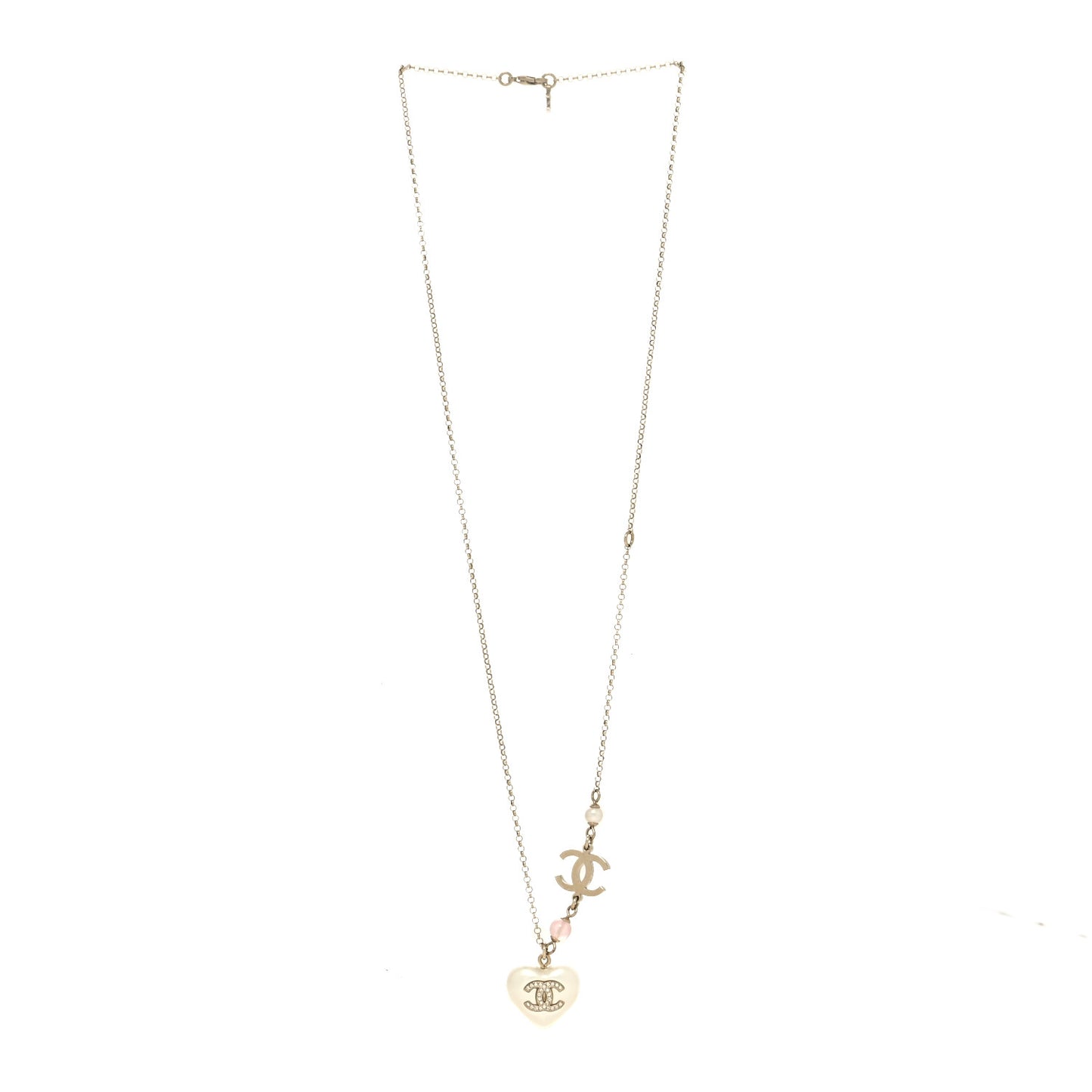 Resin Crystal CC Heart Necklace Pearly White Gold